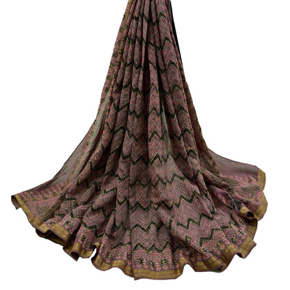 Indian Vintage Brown Dupatta Long Stole Block Print Pure Chanderi Silk Scarves Veil Floral Design Upcycle Party wear hijab Zari Border