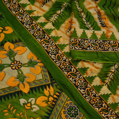 Indian Vintage Green Saree Printed Pure Cotton Sari Craft Fabric Soft 5Yd Sewing Sarong Wrap Boho Floral Dress making Crafting Quilting