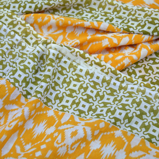 Indian Vintage Sari Green & White Printed Pure Cotton Sarees 5Yd Craft Fabric Soft Sewing Sarong Wrap Boho Upcycle quilting Dress making