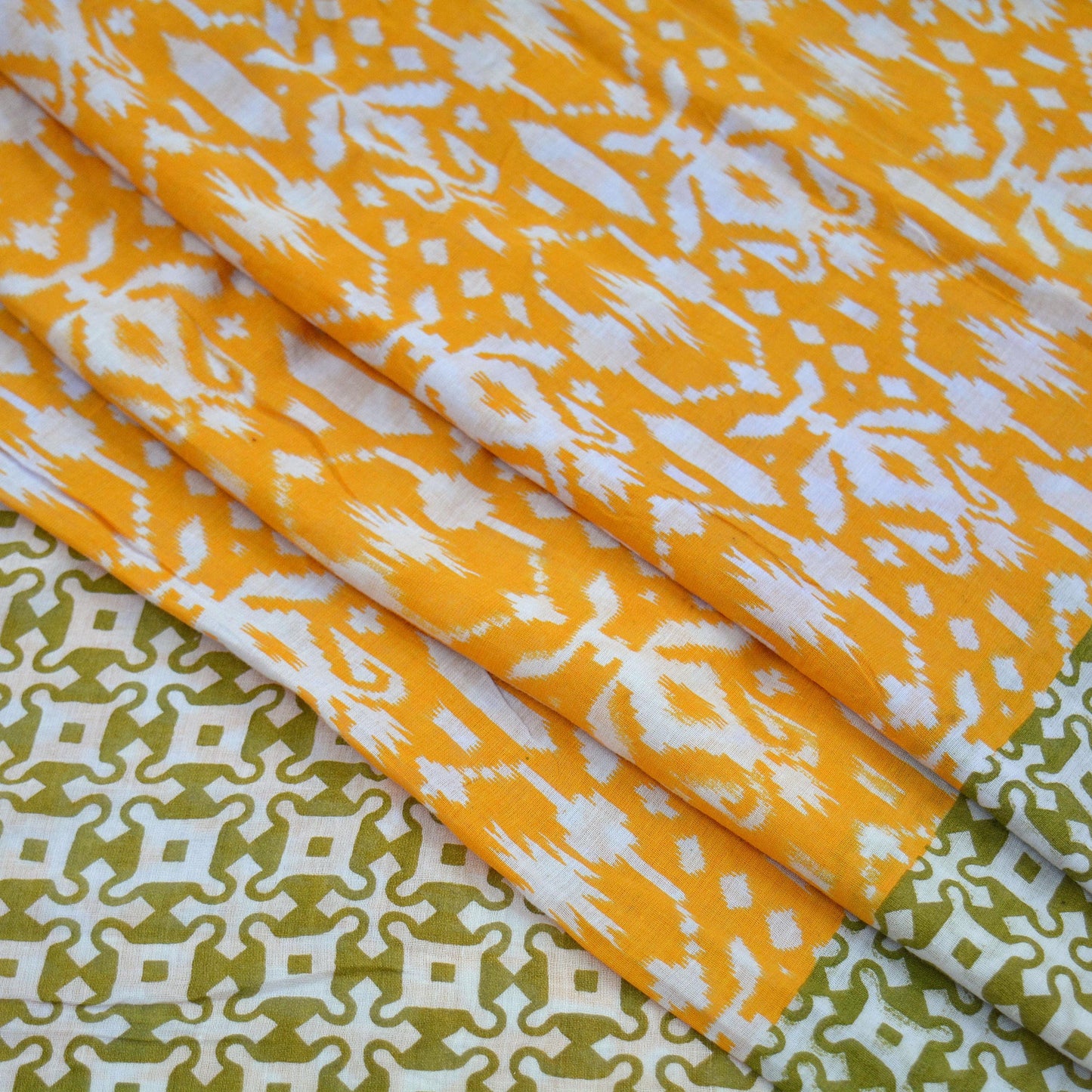 Indian Vintage Sari Green & White Printed Pure Cotton Sarees 5Yd Craft Fabric Soft Sewing Sarong Wrap Boho Upcycle quilting Dress making