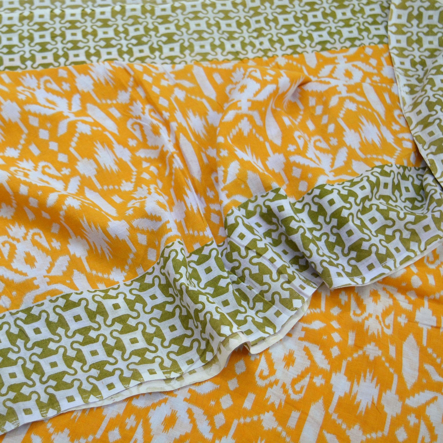 Indian Vintage Sari Green & White Printed Pure Cotton Sarees 5Yd Craft Fabric Soft Sewing Sarong Wrap Boho Upcycle quilting Dress making