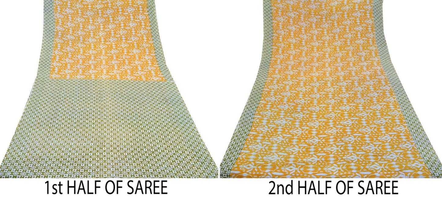 Indian Vintage Sari Green & White Printed Pure Cotton Sarees 5Yd Craft Fabric Soft Sewing Sarong Wrap Boho Upcycle quilting Dress making