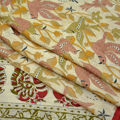 Indian Vintage Sari Ivory Printed Pure Cotton Sarees 5Yd Craft Fabric Soft Sewing Sarong Wrap Boho Upcycle quilting Dress making