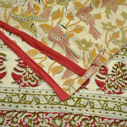 Indian Vintage Sari Ivory Printed Pure Cotton Sarees 5Yd Craft Fabric Soft Sewing Sarong Wrap Boho Upcycle quilting Dress making
