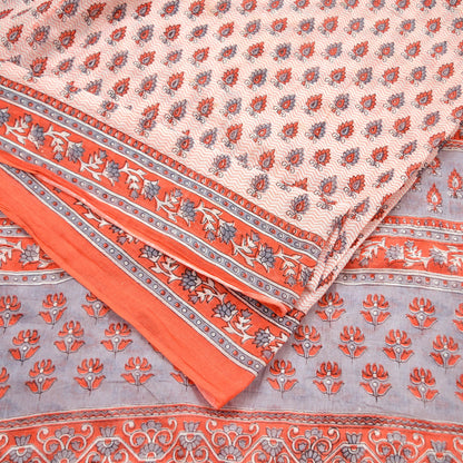 Indian Vintage Sari White & Gray Printed 100% Pure Cotton Sarees Craft Soft Fabric 5Yd Sewing Sarong Wrap Boho Floral Dress making Crafting