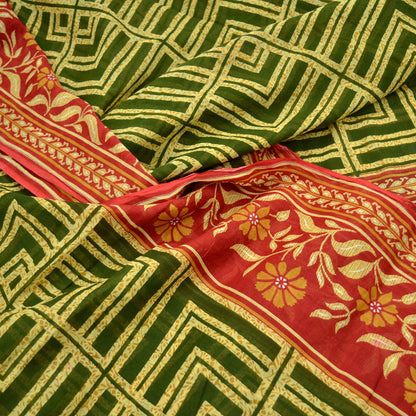 Indian Vintage Sari Green, Beige & Red Printed Pure Cotton Saree Craft Fabric 5Yd Sewing Sarong Wrap Boho Floral Crafting Upcycle Quilting