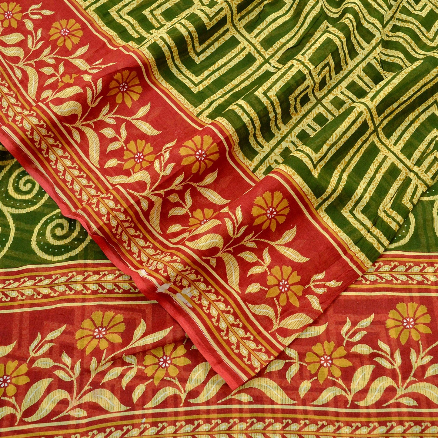 Indian Vintage Sari Green, Beige & Red Printed Pure Cotton Saree Craft Fabric 5Yd Sewing Sarong Wrap Boho Floral Crafting Upcycle Quilting