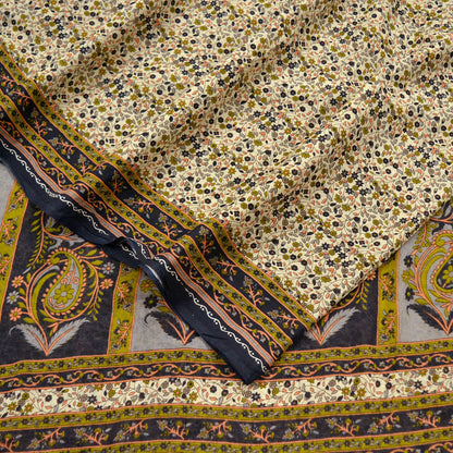 Indian Vintage Sari Ivory Printed Pure Cotton Sarees 5Yd Craft Fabric Soft Sewing Sarong Wrap Boho Upcycle quilting Dress making