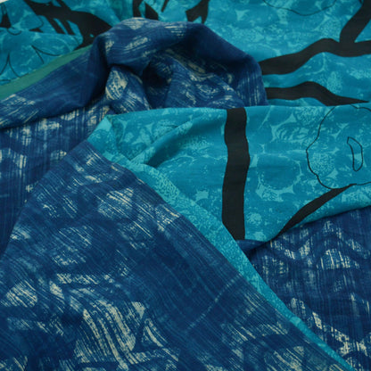 Indian Vintage Blue Saree Pure Crepe Silk Printed Sari 5yd Sewing Abstract Soft Craft Fabric Wrap Dress making Crafting Quilting Upcycle