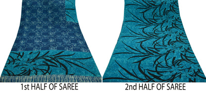 Indian Vintage Blue Saree Pure Crepe Silk Printed Sari 5yd Sewing Abstract Soft Craft Fabric Wrap Dress making Crafting Quilting Upcycle