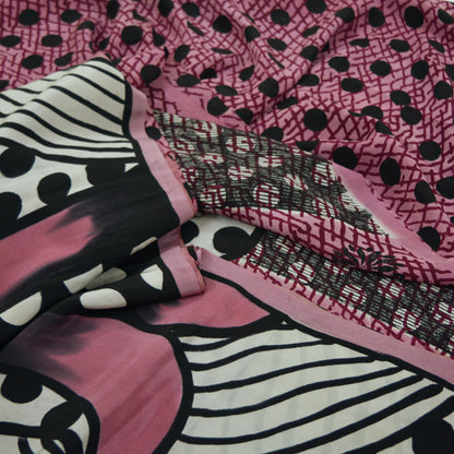 Indian Vintage Sari Pink & Black Pure Crepe Silk Printed Sarees 6yd Sewing Floral Soft Craft Fabric Ethnic Wrap