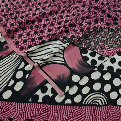 Indian Vintage Sari Pink & Black Pure Crepe Silk Printed Sarees 6yd Sewing Floral Soft Craft Fabric Ethnic Wrap
