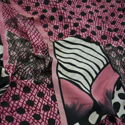 Indian Vintage Sari Pink & Black Pure Crepe Silk Printed Sarees 6yd Sewing Floral Soft Craft Fabric Ethnic Wrap