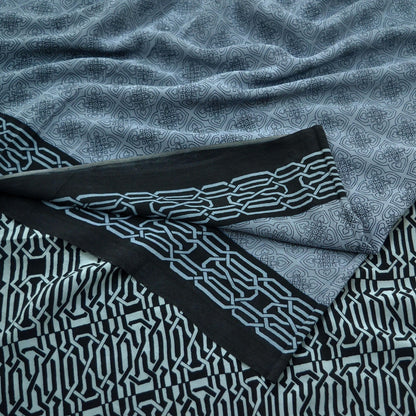 Indian Vintage Gray & Black Saree Pure Crepe Silk Printed Sari Craft Fabric 6yd Sewing Soft Wrap Dress making Crafting Quilting