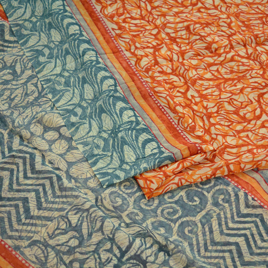 Indian Vintage Sari Ivory & Orange Pure Georgette Silk Printed Sarees Craft Fabric Sewing 5Yd Soft Dress Making Crafting Quilting Upcycle