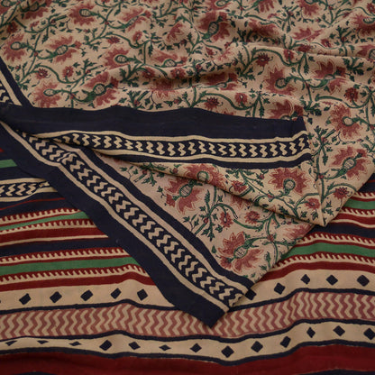 Indian Vintage Sari Beige Pure Georgette Silk Printed Sarees 5Yd Craft Fabric Sewing Quilting Dress making Crafting Quilting Upcycle
