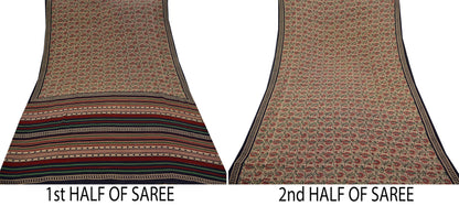 Indian Vintage Sari Beige Pure Georgette Silk Printed Sarees 5Yd Craft Fabric Sewing Quilting Dress making Crafting Quilting Upcycle