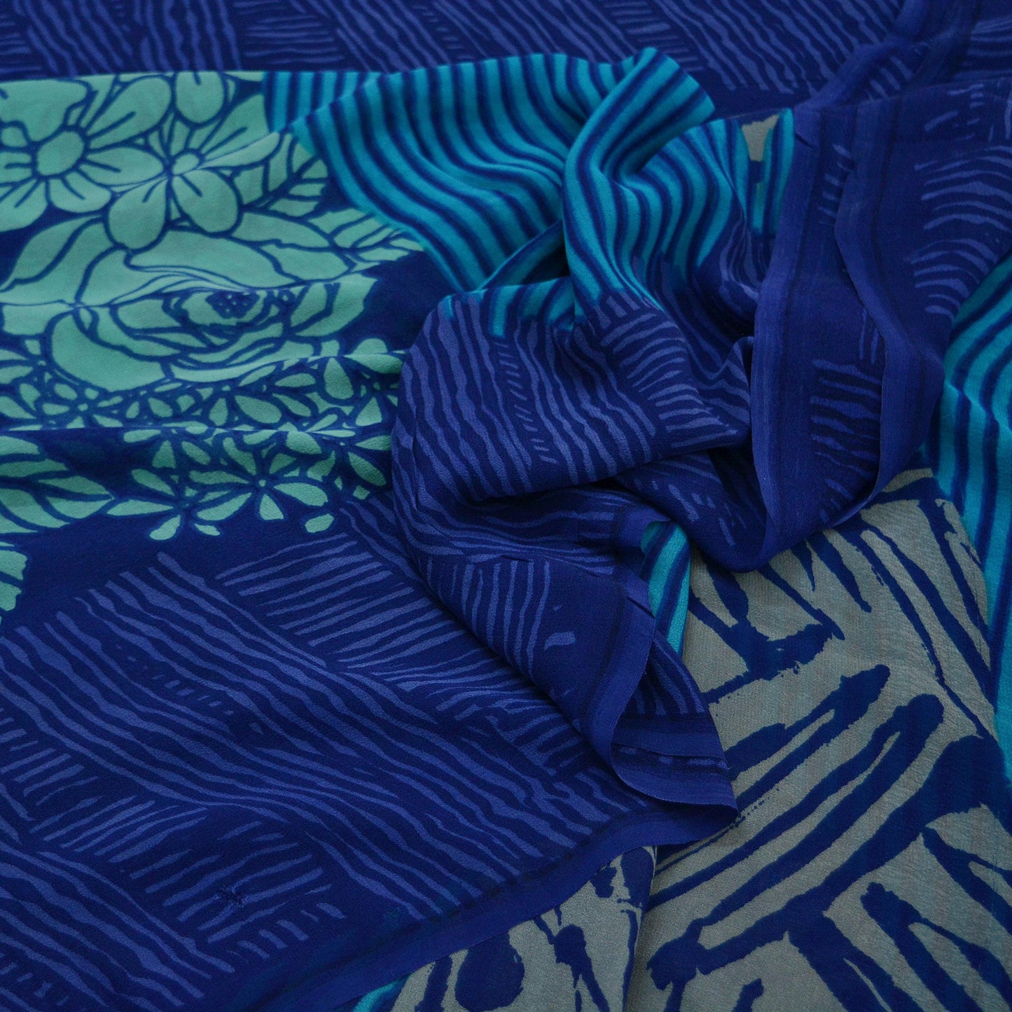 Indian Vintage Sari Blue & Green 100% Pure Georgette Silk Printed Sarees Sewing 5yd Craft Soft Dress Designing for Crafting Abstract
