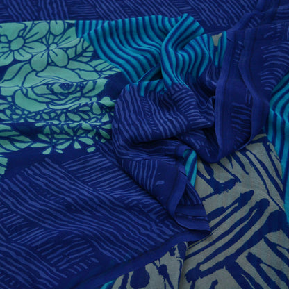 Indian Vintage Sari Blue & Green 100% Pure Georgette Silk Printed Sarees Sewing 5yd Craft Soft Dress Designing for Crafting Abstract