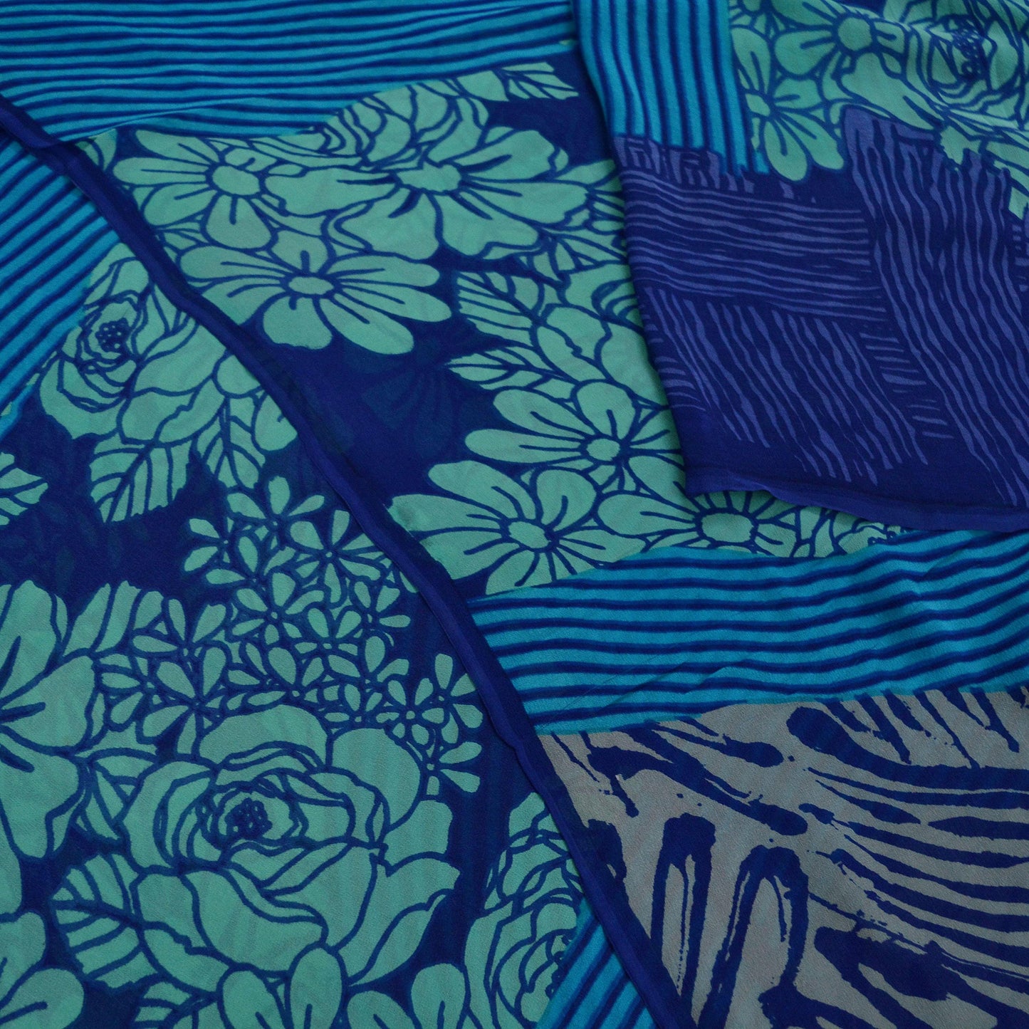 Indian Vintage Sari Blue & Green 100% Pure Georgette Silk Printed Sarees Sewing 5yd Craft Soft Dress Designing for Crafting Abstract