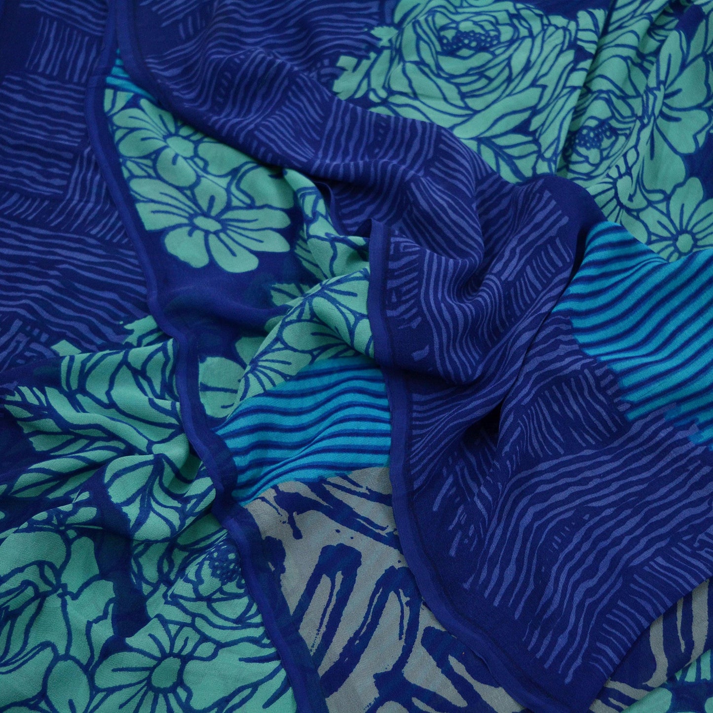 Indian Vintage Sari Blue & Green 100% Pure Georgette Silk Printed Sarees Sewing 5yd Craft Soft Dress Designing for Crafting Abstract