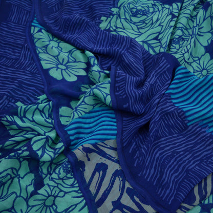 Indian Vintage Sari Blue & Green 100% Pure Georgette Silk Printed Sarees Sewing 5yd Craft Soft Dress Designing for Crafting Abstract