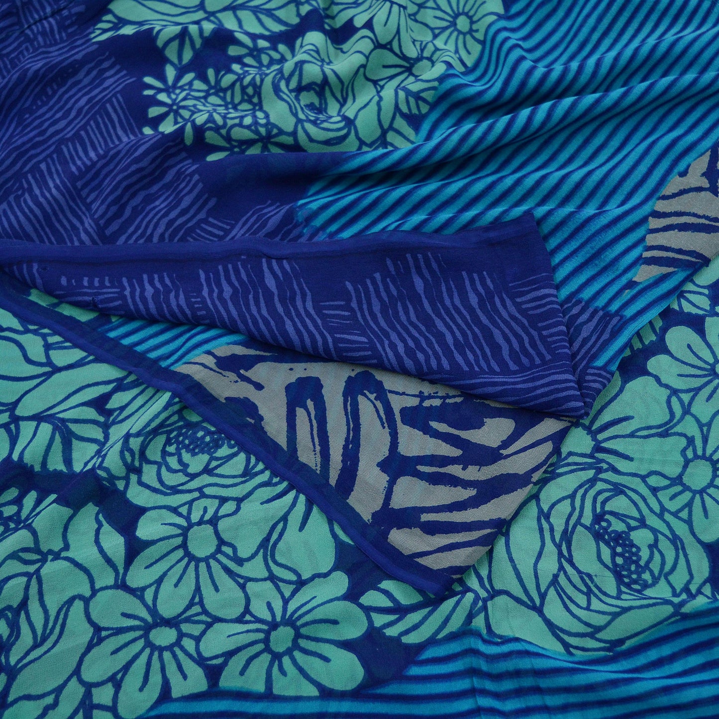 Indian Vintage Sari Blue & Green 100% Pure Georgette Silk Printed Sarees Sewing 5yd Craft Soft Dress Designing for Crafting Abstract