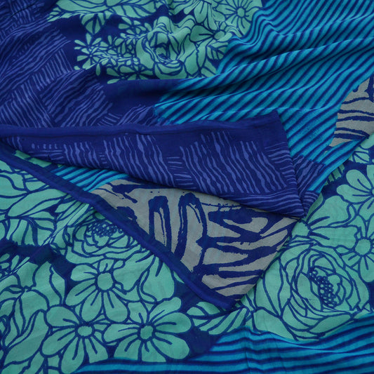 Indian Vintage Sari Blue & Green 100% Pure Georgette Silk Printed Sarees Sewing 5yd Craft Soft Dress Designing for Crafting Abstract