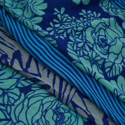 Indian Vintage Sari Blue & Green 100% Pure Georgette Silk Printed Sarees Sewing 5yd Craft Soft Dress Designing for Crafting Abstract
