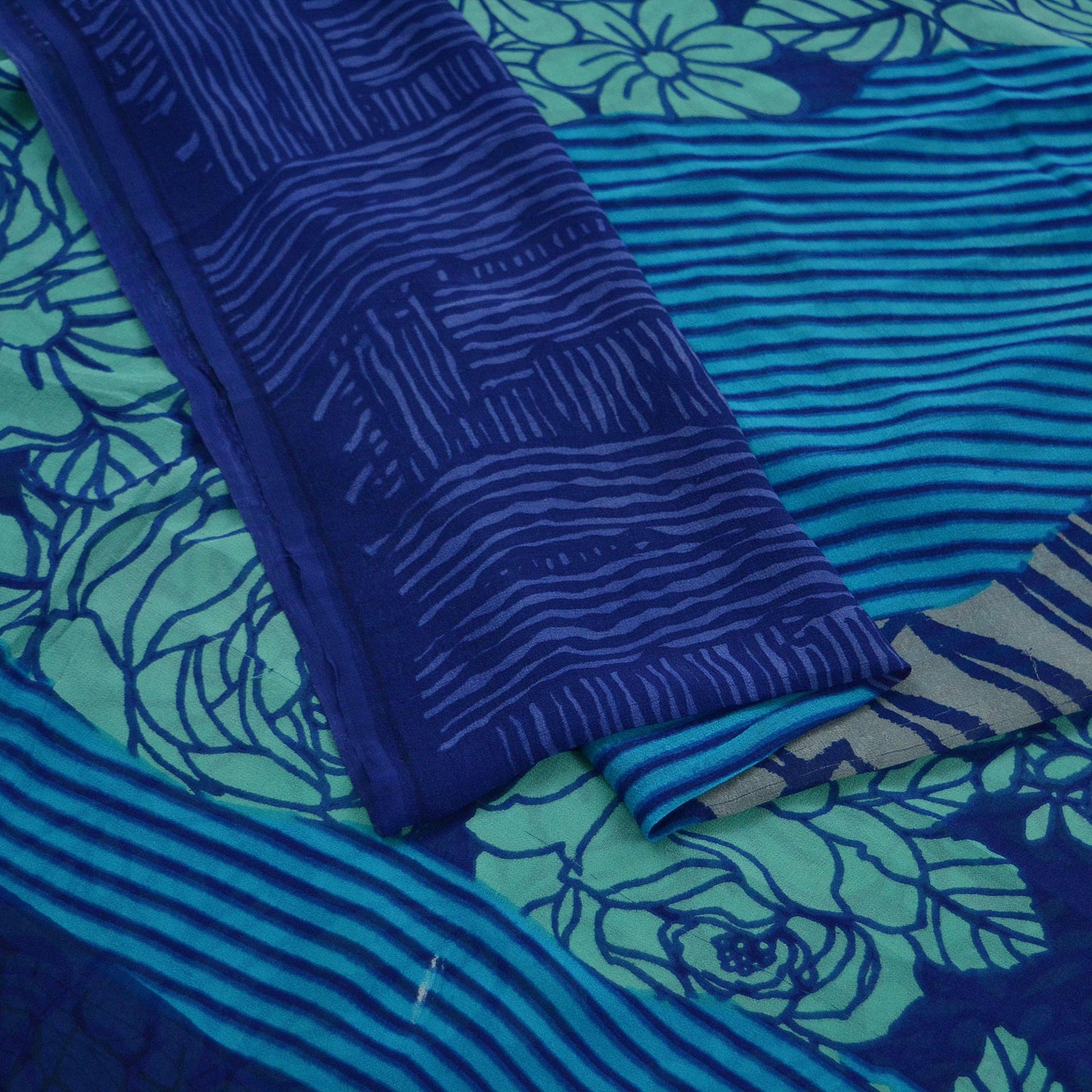 Indian Vintage Sari Blue & Green 100% Pure Georgette Silk Printed Sarees Sewing 5yd Craft Soft Dress Designing for Crafting Abstract