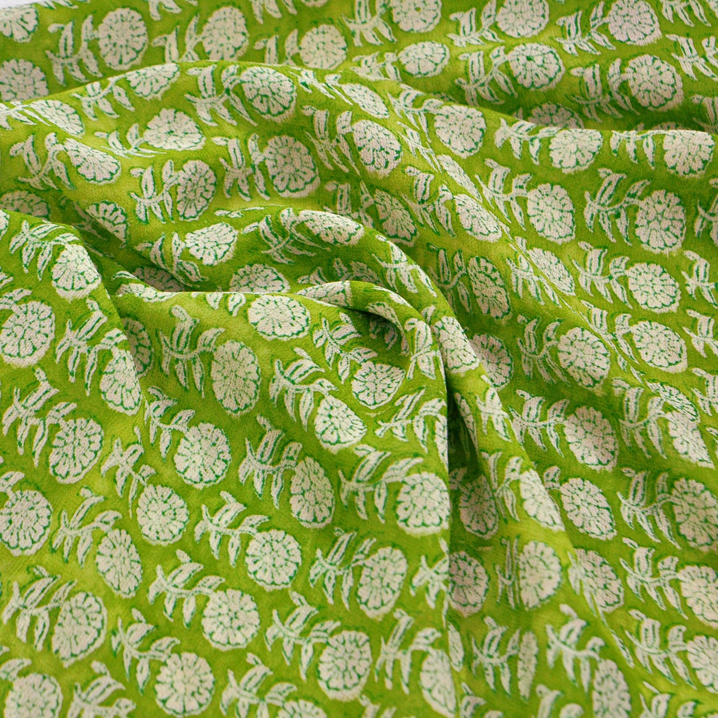 Women Vintage Sari Ivory & Green 100% Pure Georgette Silk Block Printed Saree Craft Fabric Sewing 5Yard Soft Sari Dress Making