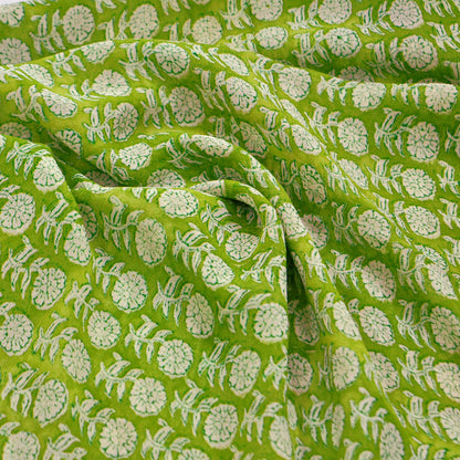 Women Vintage Sari Ivory & Green 100% Pure Georgette Silk Block Printed Saree Craft Fabric Sewing 5Yard Soft Sari Dress Making