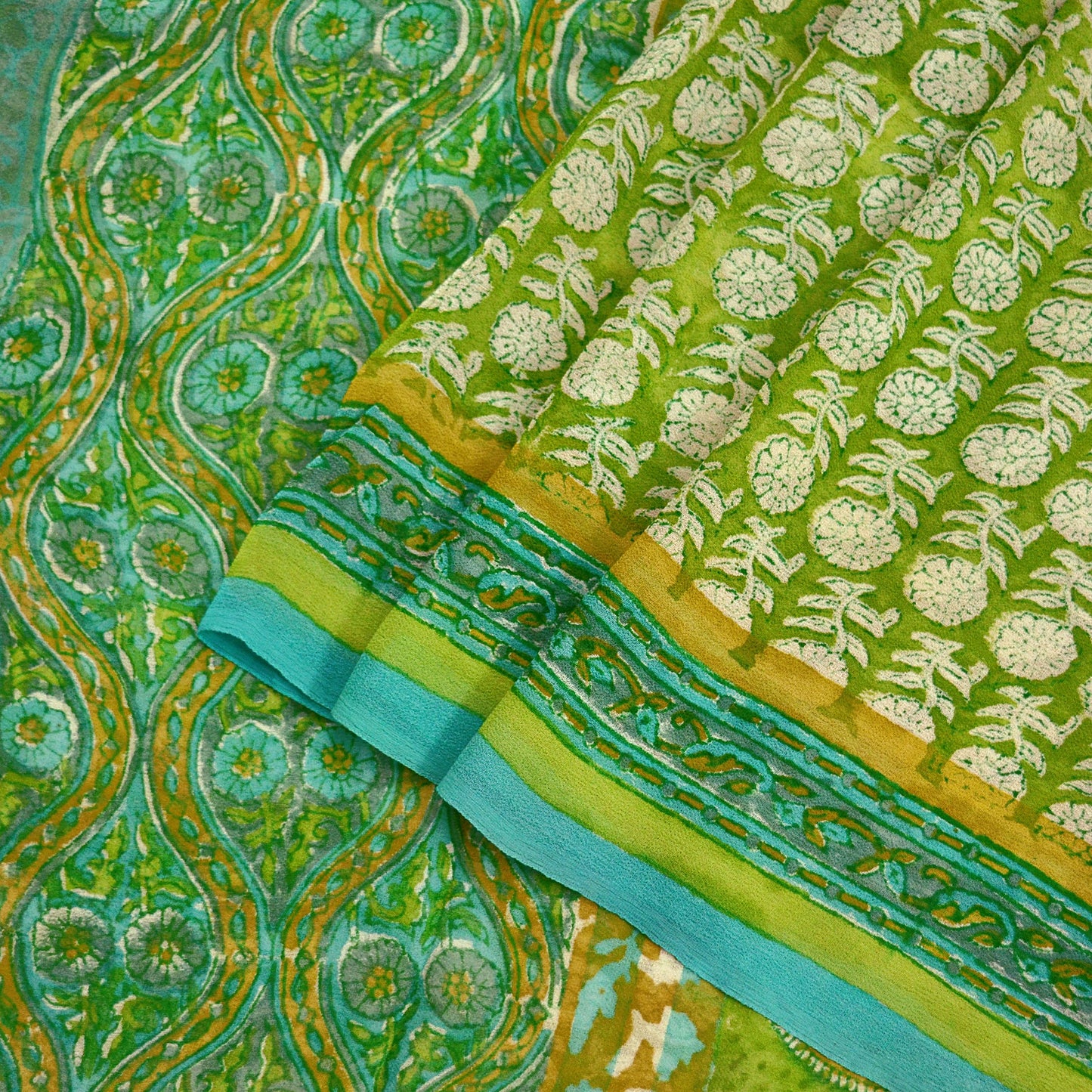 Women Vintage Sari Ivory & Green 100% Pure Georgette Silk Block Printed Saree Craft Fabric Sewing 5Yard Soft Sari Dress Making