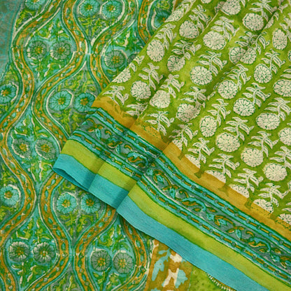 Women Vintage Sari Ivory & Green 100% Pure Georgette Silk Block Printed Saree Craft Fabric Sewing 5Yard Soft Sari Dress Making