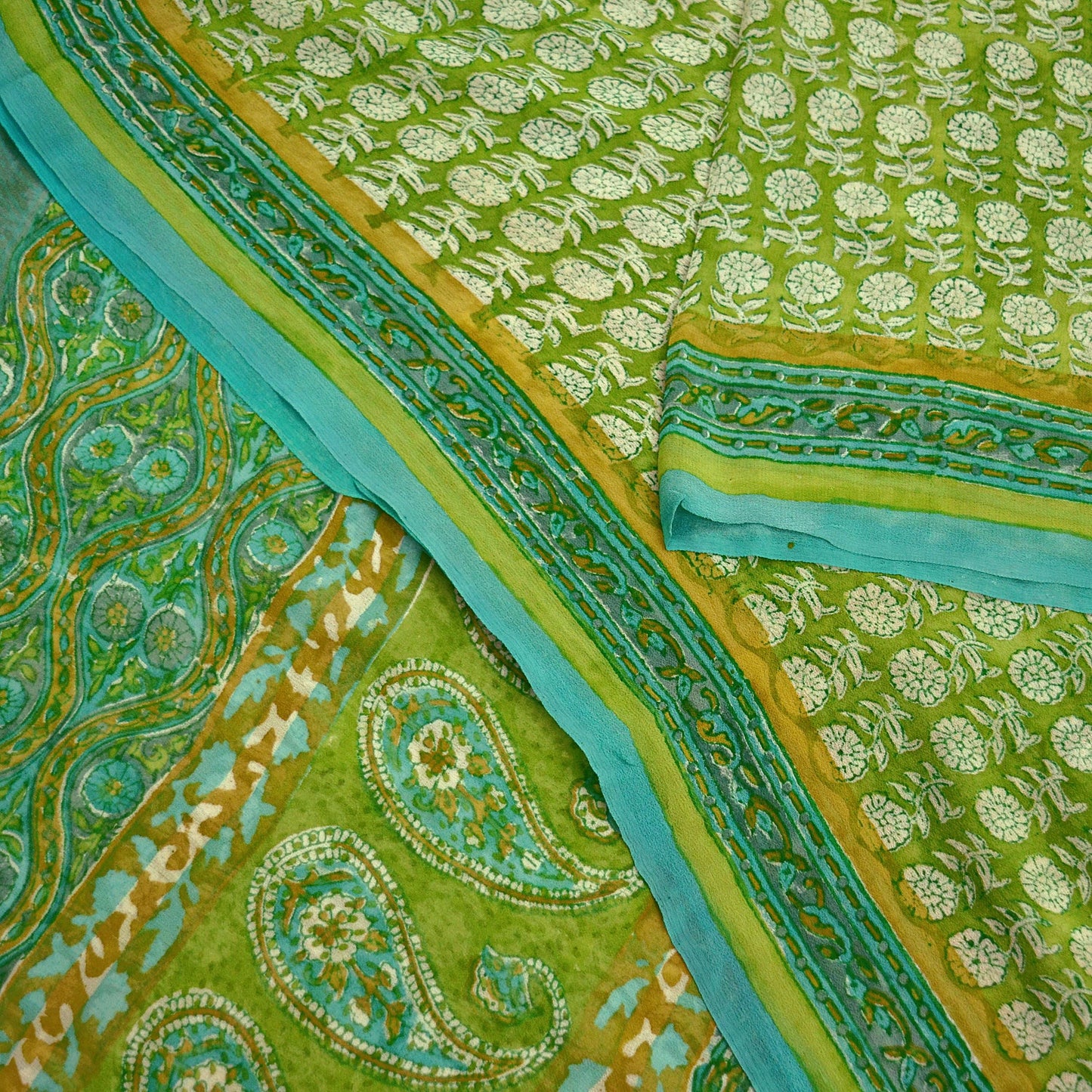 Women Vintage Sari Ivory & Green 100% Pure Georgette Silk Block Printed Saree Craft Fabric Sewing 5Yard Soft Sari Dress Making