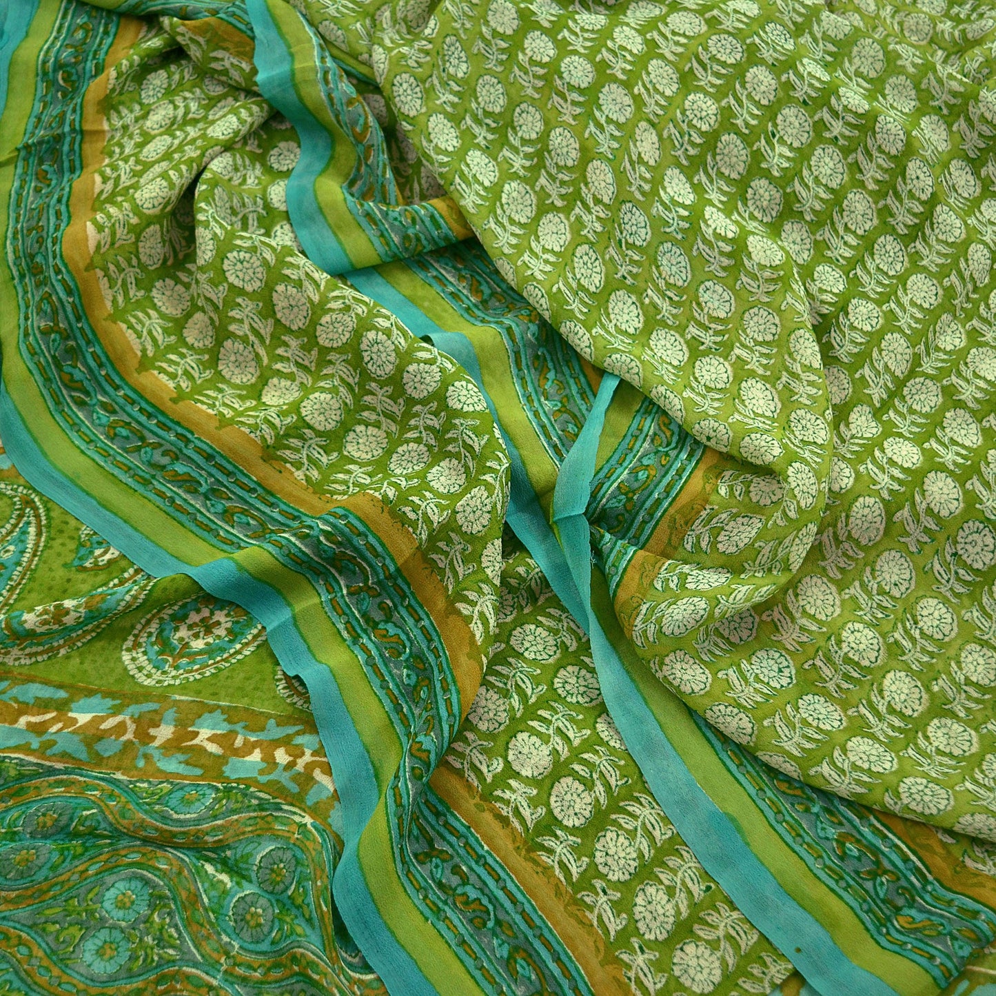 Women Vintage Sari Ivory & Green 100% Pure Georgette Silk Block Printed Saree Craft Fabric Sewing 5Yard Soft Sari Dress Making