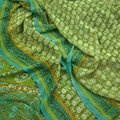 Women Vintage Sari Ivory & Green 100% Pure Georgette Silk Block Printed Saree Craft Fabric Sewing 5Yard Soft Sari Dress Making