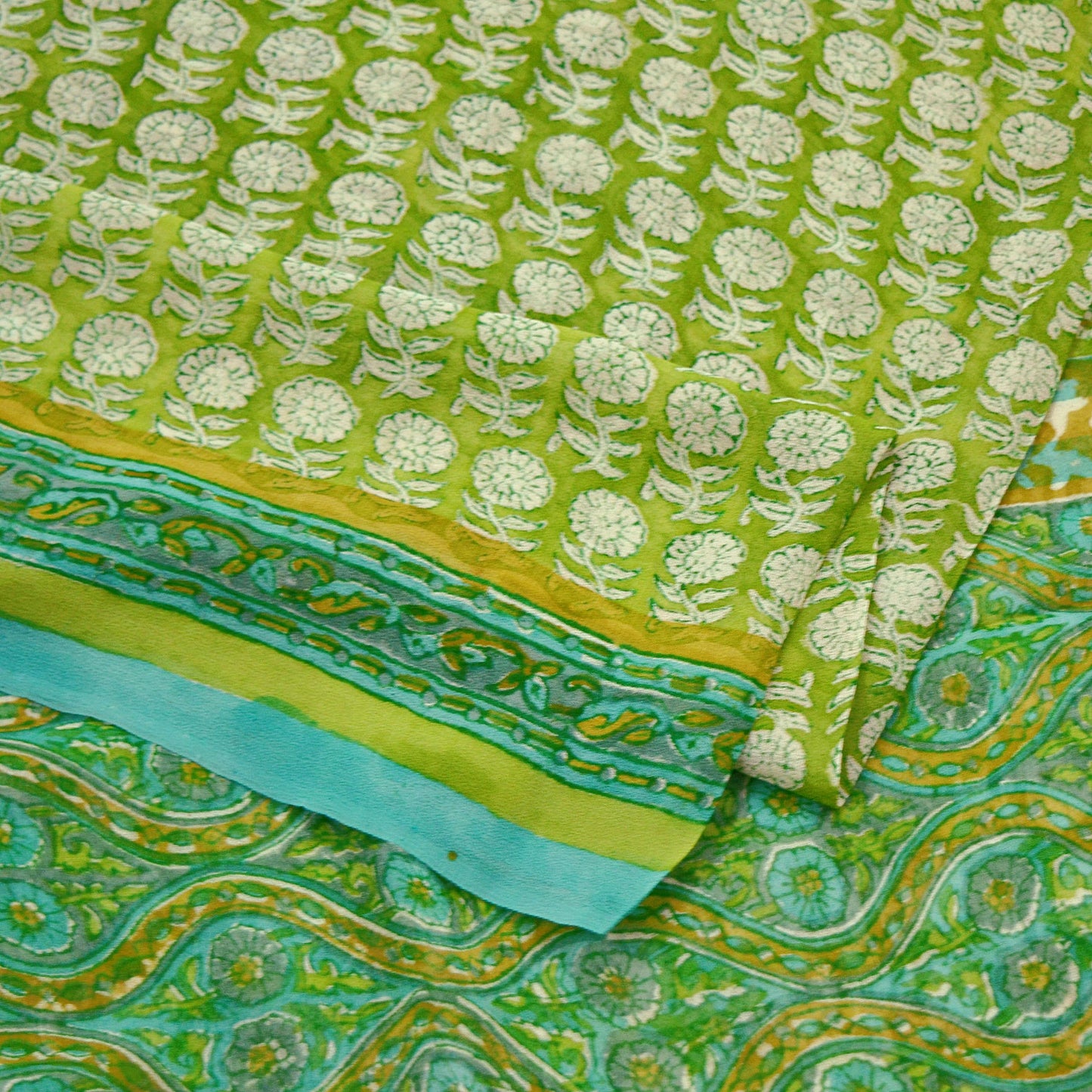 Women Vintage Sari Ivory & Green 100% Pure Georgette Silk Block Printed Saree Craft Fabric Sewing 5Yard Soft Sari Dress Making