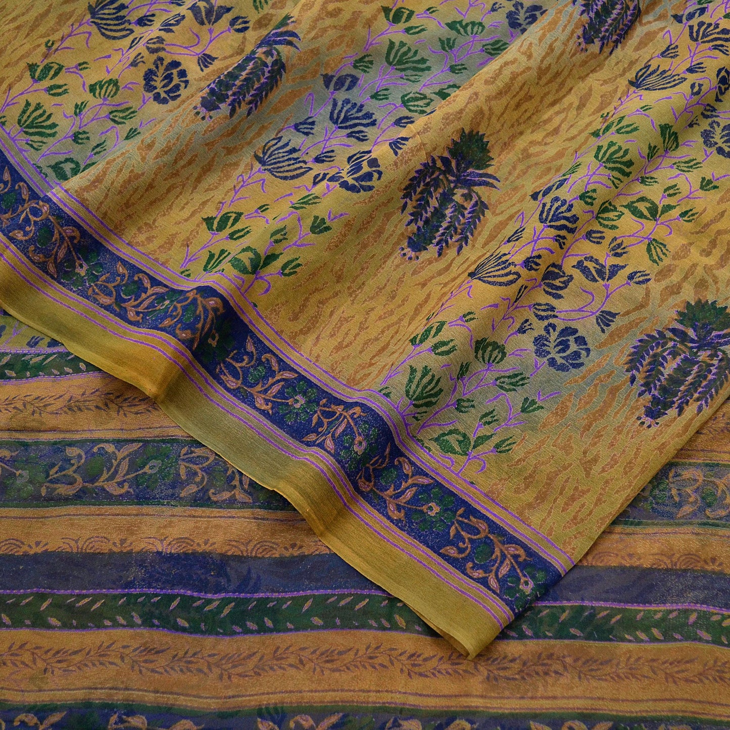 Women Vintage Saree Green & Saffron Pure Georgette Silk Printed Sari 5yd Craft Fabric Sewing Crafting Dress making Quilting Upcycle Used