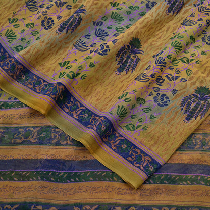 Women Vintage Saree Green & Saffron Pure Georgette Silk Printed Sari 5yd Craft Fabric Sewing Crafting Dress making Quilting Upcycle Used