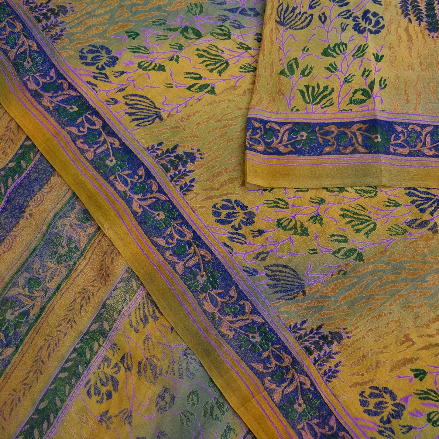 Women Vintage Saree Green & Saffron Pure Georgette Silk Printed Sari 5yd Craft Fabric Sewing Crafting Dress making Quilting Upcycle Used