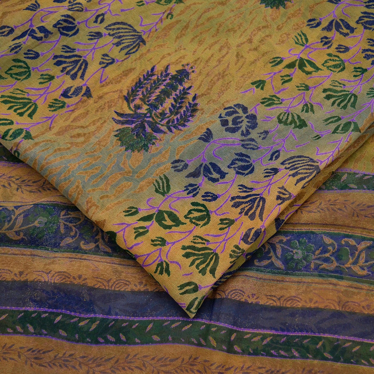 Women Vintage Saree Green & Saffron Pure Georgette Silk Printed Sari 5yd Craft Fabric Sewing Crafting Dress making Quilting Upcycle Used