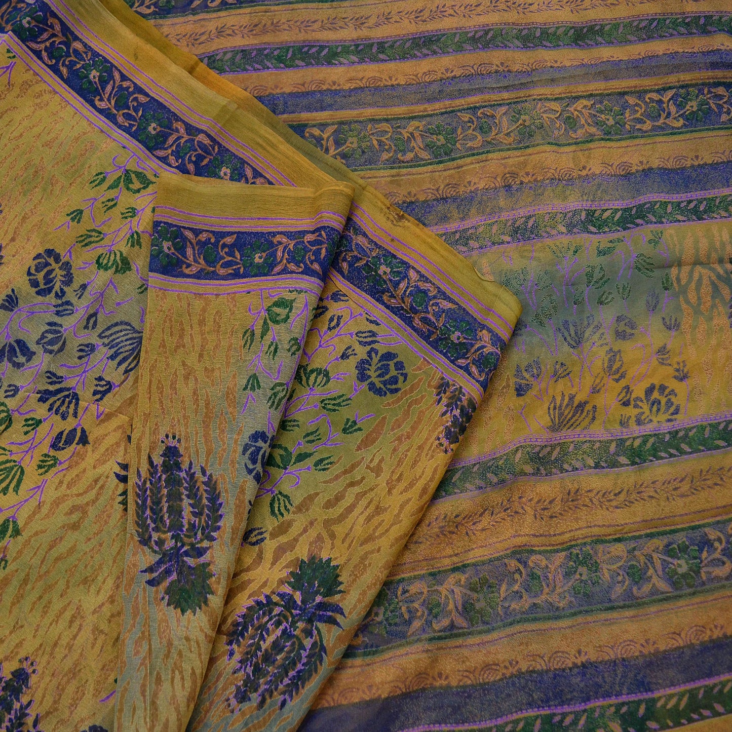 Women Vintage Saree Green & Saffron Pure Georgette Silk Printed Sari 5yd Craft Fabric Sewing Crafting Dress making Quilting Upcycle Used