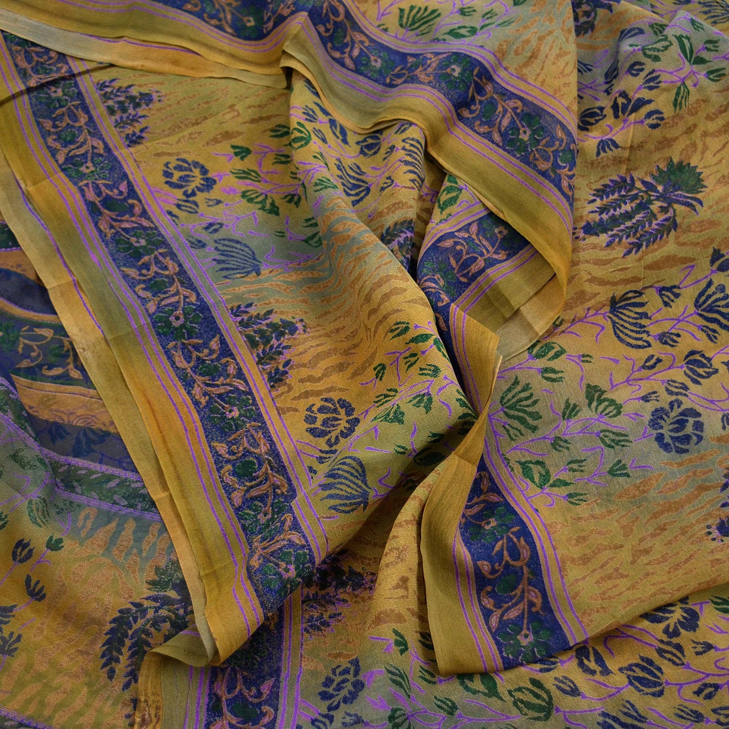 Women Vintage Saree Green & Saffron Pure Georgette Silk Printed Sari 5yd Craft Fabric Sewing Crafting Dress making Quilting Upcycle Used