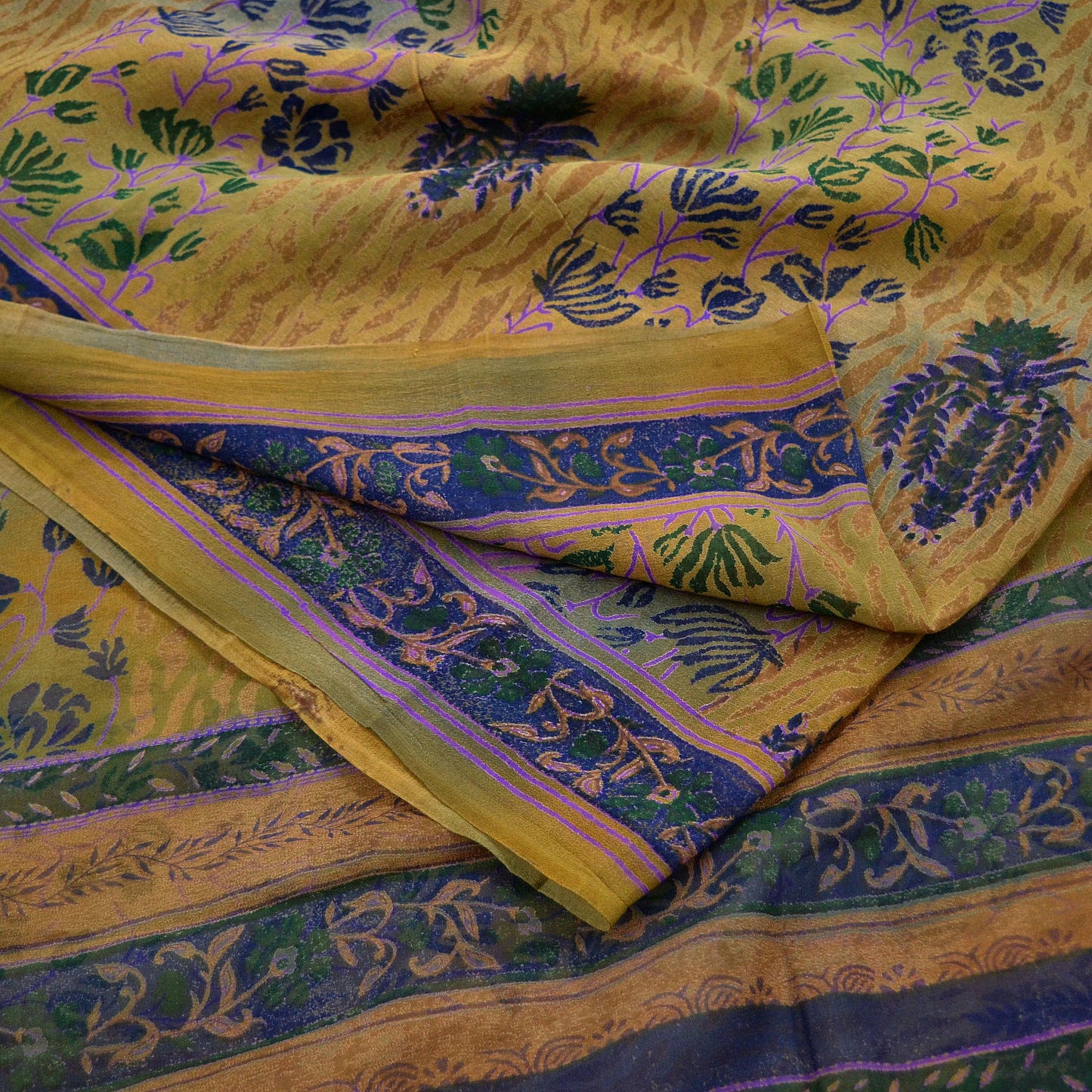 Women Vintage Saree Green & Saffron Pure Georgette Silk Printed Sari 5yd Craft Fabric Sewing Crafting Dress making Quilting Upcycle Used