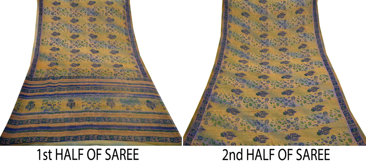 Women Vintage Saree Green & Saffron Pure Georgette Silk Printed Sari 5yd Craft Fabric Sewing Crafting Dress making Quilting Upcycle Used