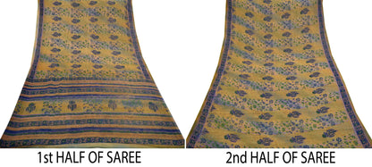 Women Vintage Saree Green & Saffron Pure Georgette Silk Printed Sari 5yd Craft Fabric Sewing Crafting Dress making Quilting Upcycle Used