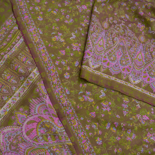 Indian Vintage Sari Green & Pink Pure Silk Printed Sarees 5yd Sewing Craft Fabric Dress Making  Soft Wrap Upcycle Used Quilting Crafting