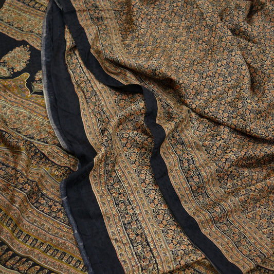 Indian Vintage Sari Black Printed Pure Silk Sarees Craft Fabric 6yd Sewing Floral Soft Dress Designing  for Crafting Quilting Upcycle Wrap