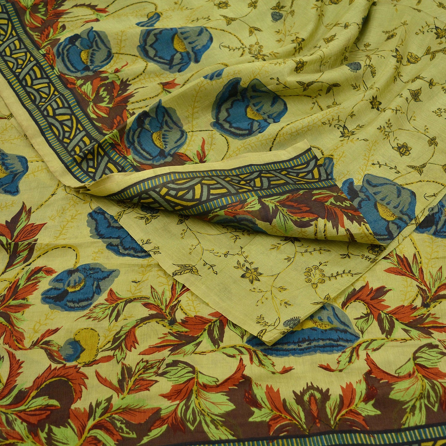 Indian Vintage Sari Green Pure Silk Printed Sarees 5yd Sewing Craft Fabric Dress Making  Soft Floral Wrap Upcycle Used Quilting Crafting